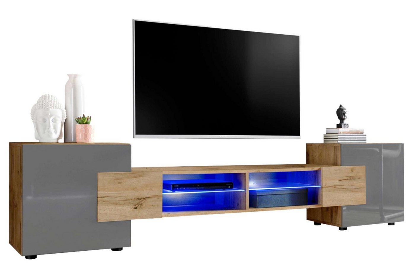 Stylefy Lowboard Seoul II (TV-Kommode, TV-Schrank, Fernsehschrank), wahlweise mit LED-Beleuchtung, Hochglanzfront, Glaseinlegeböden, Modern Design, aus Holzwerkstoff, viel Stauraum, variabel stellbar von Stylefy