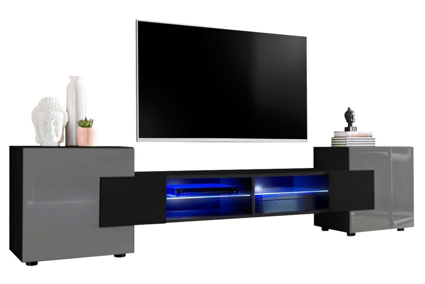 Stylefy Lowboard Seoul II (TV-Kommode, TV-Schrank, Fernsehschrank), wahlweise mit LED-Beleuchtung, Hochglanzfront, Glaseinlegeböden, Modern Design, aus Holzwerkstoff, viel Stauraum, variabel stellbar von Stylefy