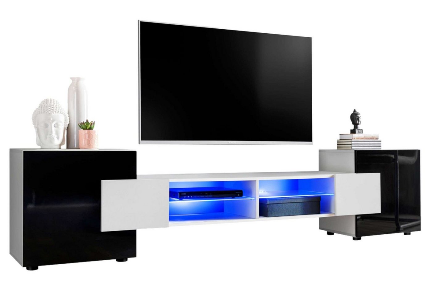 Stylefy Lowboard Seoul II (TV-Kommode, TV-Schrank, Fernsehschrank), wahlweise mit LED-Beleuchtung, Hochglanzfront, Glaseinlegeböden, Modern Design, aus Holzwerkstoff, viel Stauraum, variabel stellbar von Stylefy