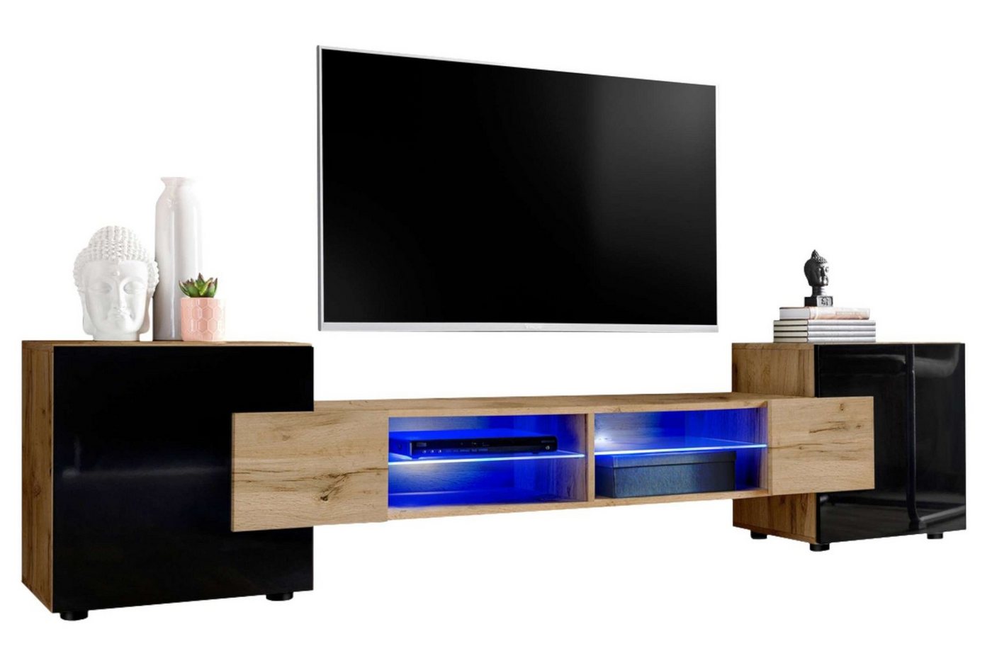 Stylefy Lowboard Seoul II (TV-Kommode, TV-Schrank, Fernsehschrank), wahlweise mit LED-Beleuchtung, Hochglanzfront, Glaseinlegeböden, Modern Design, aus Holzwerkstoff, viel Stauraum, variabel stellbar von Stylefy