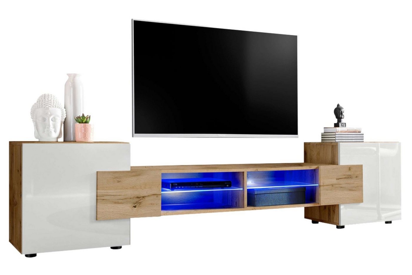 Stylefy Lowboard Seoul II (TV-Kommode, TV-Schrank, Fernsehschrank), wahlweise mit LED-Beleuchtung, Hochglanzfront, Glaseinlegeböden, Modern Design, aus Holzwerkstoff, viel Stauraum, variabel stellbar von Stylefy