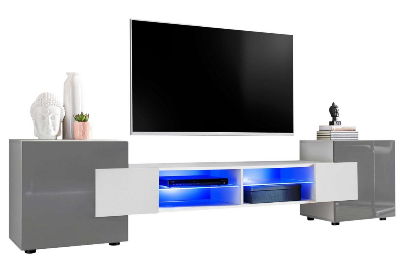 Stylefy Lowboard Seoul II (TV-Kommode, TV-Schrank, Fernsehschrank), wahlweise mit LED-Beleuchtung, Hochglanzfront, Glaseinlegeböden, Modern Design, aus Holzwerkstoff, viel Stauraum, variabel stellbar von Stylefy