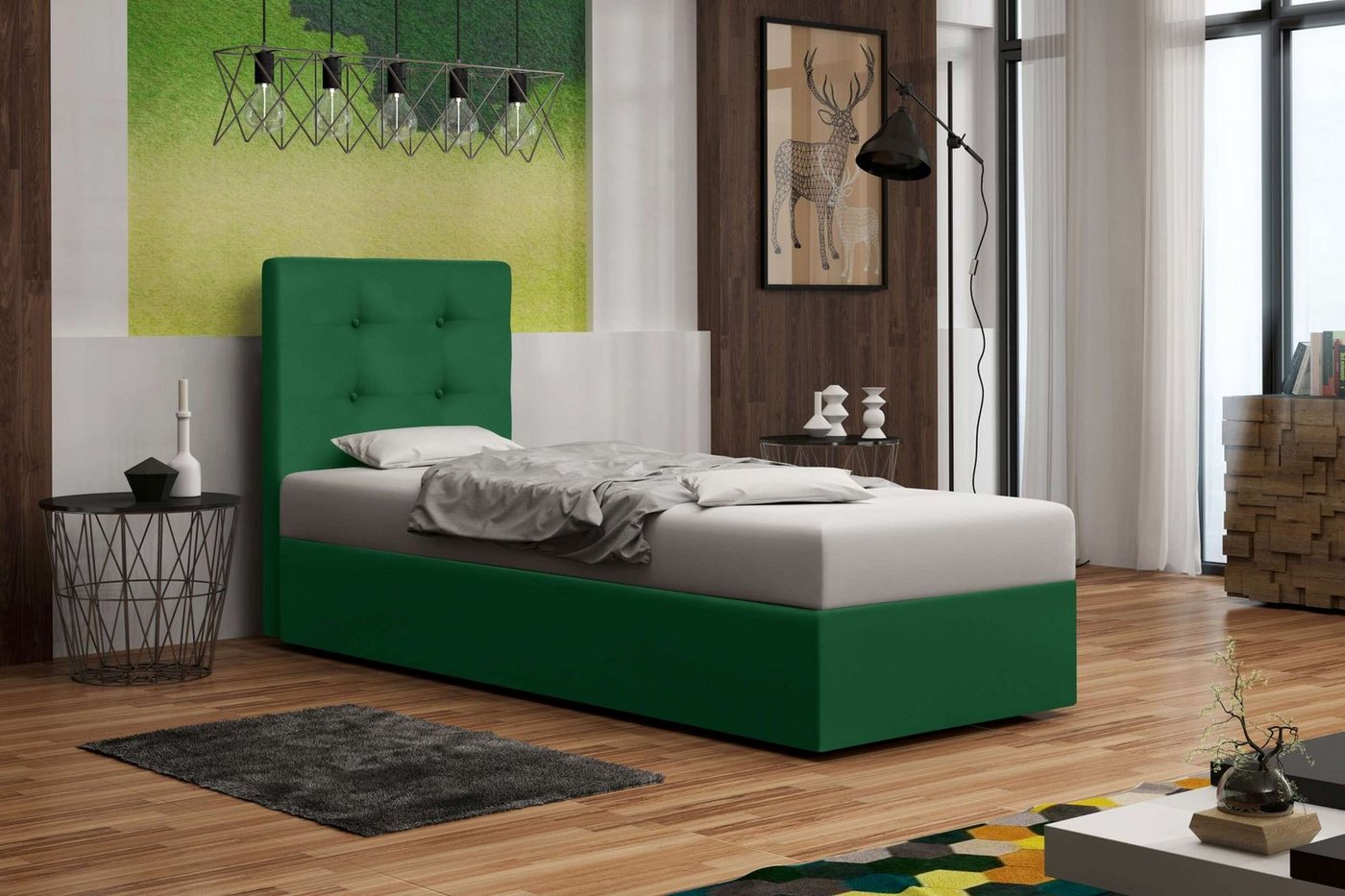 Stylefy Polsterbett Indy (Schlafzimmerbett, Bett), 80/90 x 200 cm, Bettkasten, Kopfteil gepolstert von Stylefy