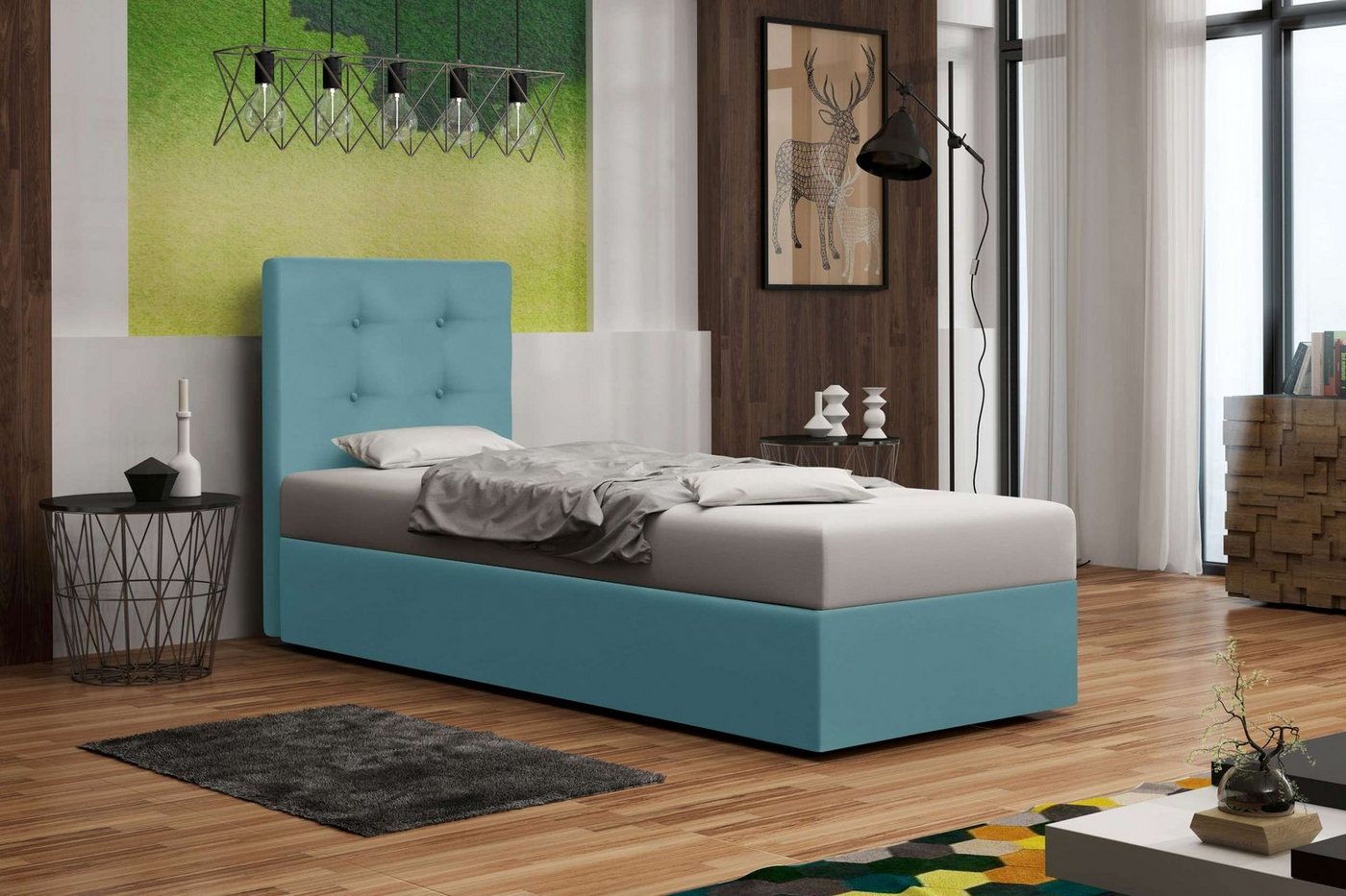 Stylefy Polsterbett Indy (Schlafzimmerbett, Bett), 80/90 x 200 cm, Bettkasten, Kopfteil gepolstert von Stylefy