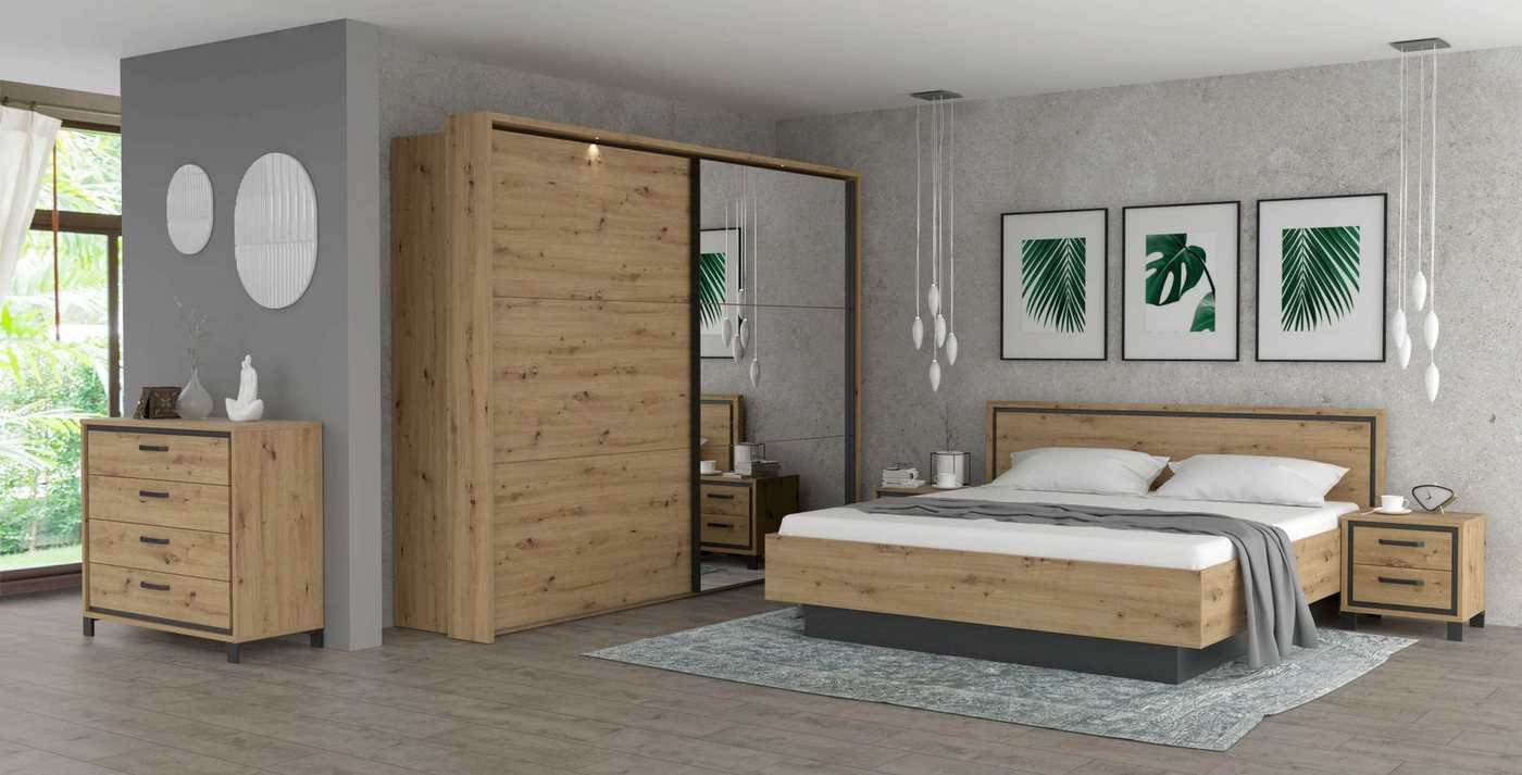 99rooms Schlafzimmer-Set Teo, (Set (5-St), Komplett Schlafzimmer), bestehend aus Kommode, Schrank, Bett, 2×Nachttisch von 99rooms