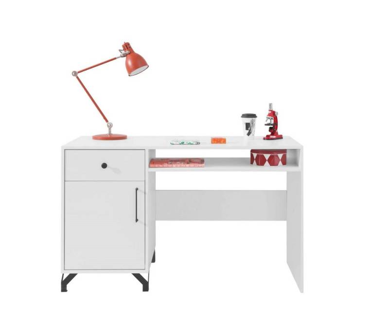 99rooms Schreibtisch Arm Weiß Hochglanz (Computertisch, Bürotisch), mit Schublade, aus Holzwerkstoff, viel Stauraum, Metallelemente von 99rooms