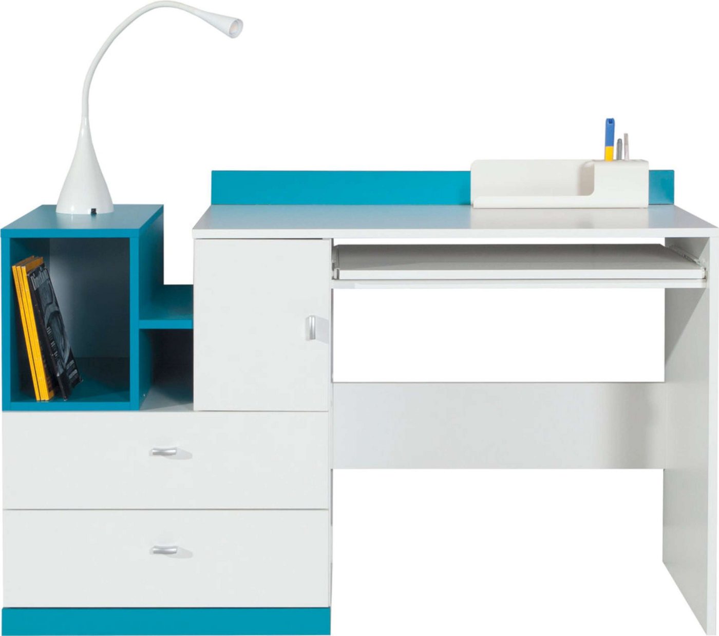 Stylefy Schreibtisch Bond Weiß Hochglanz Türkis (Computertisch, Bürotisch), mit Schubladen, Spanplatte, viel Stauraum, Modern Design von Stylefy