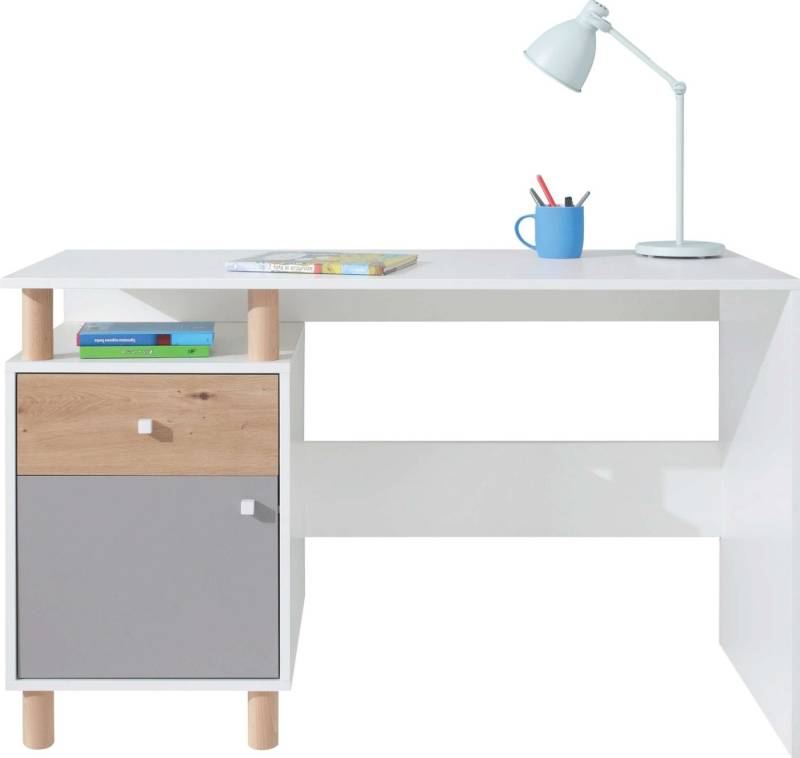 99rooms Schreibtisch Donna Weiß Hochglanz Eiche Artisan Hochglanz Grau (Computertisch, Bürotisch), mit Schublade, 1 offenes Fach, Spanplatte, viel Stauraum, Modern Design von 99rooms