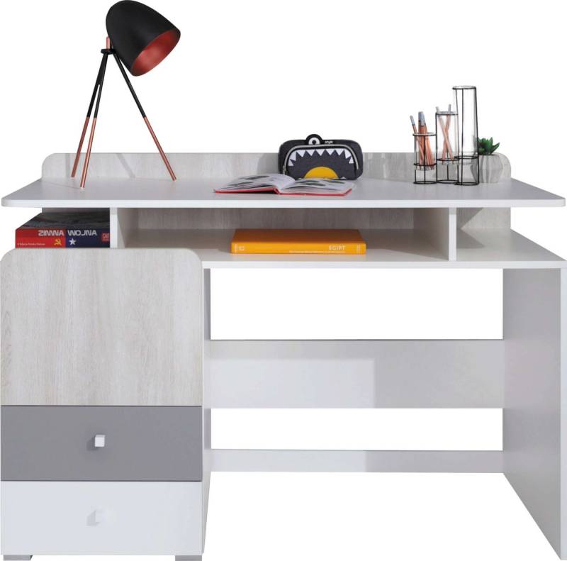 99rooms Schreibtisch Rono Weiß Hochglanz Eiche Wilton Weiss Grau (Computertisch, Bürotisch), mit Schubladen, Spanplatte, viel Stauraum, Modern Design von 99rooms