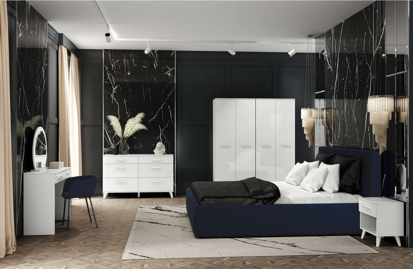 Stylefy Schlafzimmer-Set Celine I Weiß Hochglanz, (Komplett Schlafzimmer, Set (6-St), 6-teilig, viel Stauraum, mit Spiegel, Glaselemente, Modern Design von Stylefy