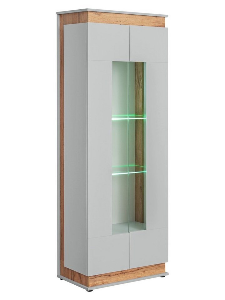 99rooms Vitrine Vanessa Hellgrau/ Eiche (Standvitrine, Glasvitrine, Wohnmöbel) mit 4 Einlegeböden, Glaseinsatz, inkl. LED-Beleuchtung, Holzwerkstoff von 99rooms