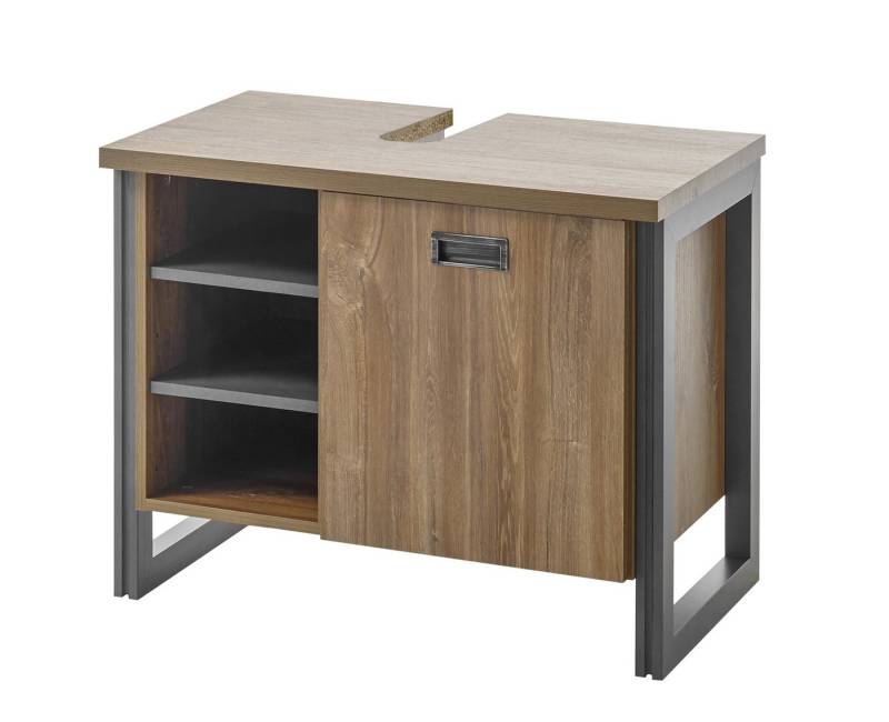 99rooms Waschbeckenunterschrank Delor I Stirling Eiche (Waschtischunterschrank, Waschbeckenunterschrank) mit Fächern und Einlegeboden, Spanplatte, Metallelemente von 99rooms