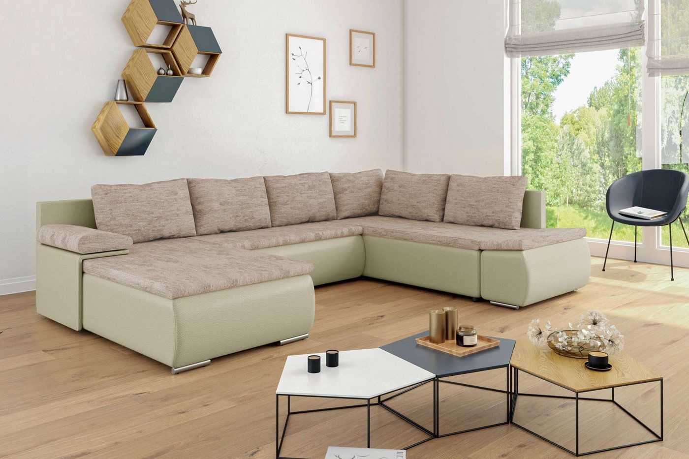 99rooms Wohnlandschaft Nessi, Sofa, U-Form, Ottomane links oder rechts bestellbar, mit Bettfunktion und Bettkasten, frei im Raum stellbar, Modern Design, mit Wellenfederung von 99rooms