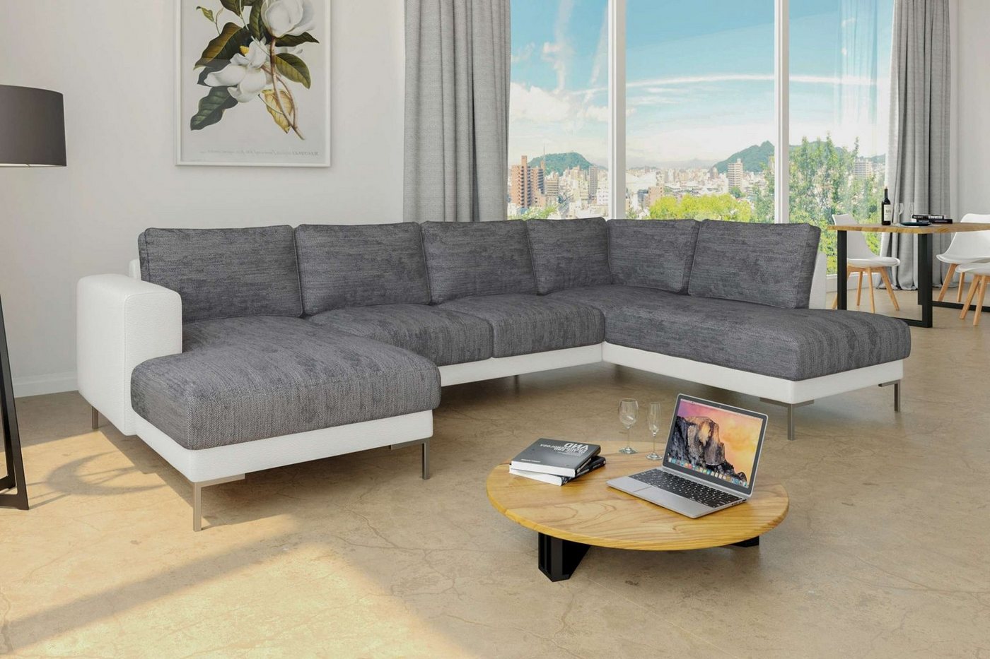 Stylefy Wohnlandschaft Santini, Sofa, U-Form, Ottomane links oder rechts bestellbar, frei im Raum stellbar, Modern Design, mit Wellenfederung, Metall von Stylefy