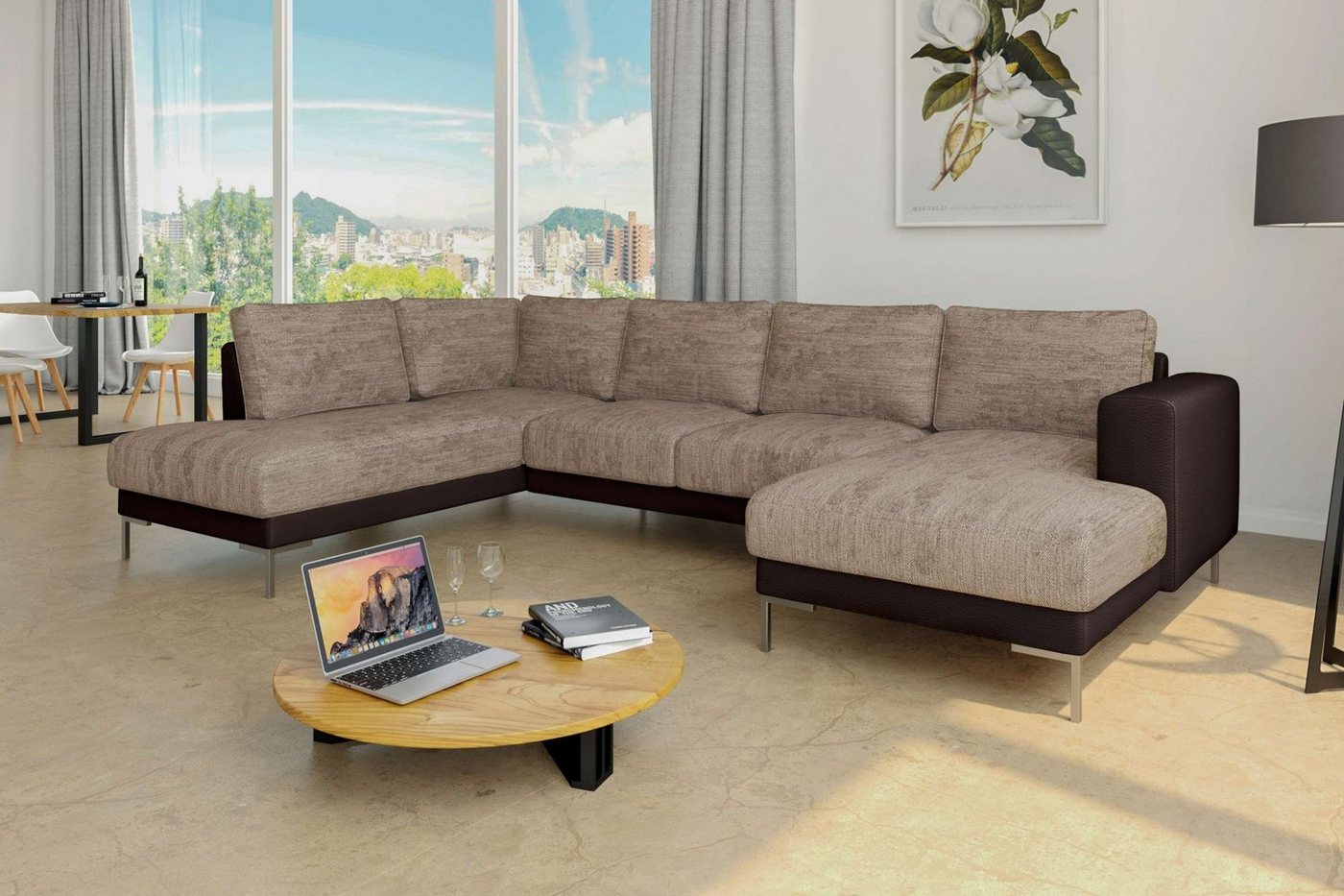 Stylefy Wohnlandschaft Santini, Sofa, U-Form, Ottomane links oder rechts bestellbar, frei im Raum stellbar, Modern Design, mit Wellenfederung, Metall von Stylefy