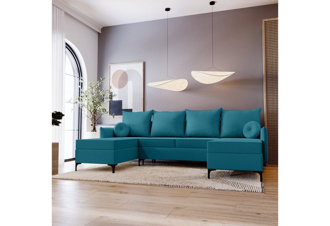 Stylefy Wohnlandschaft Savannah, U-Form, Couch, mit Bettfunktion und Bettkasten, Kissen inklusiv, Modern von Stylefy