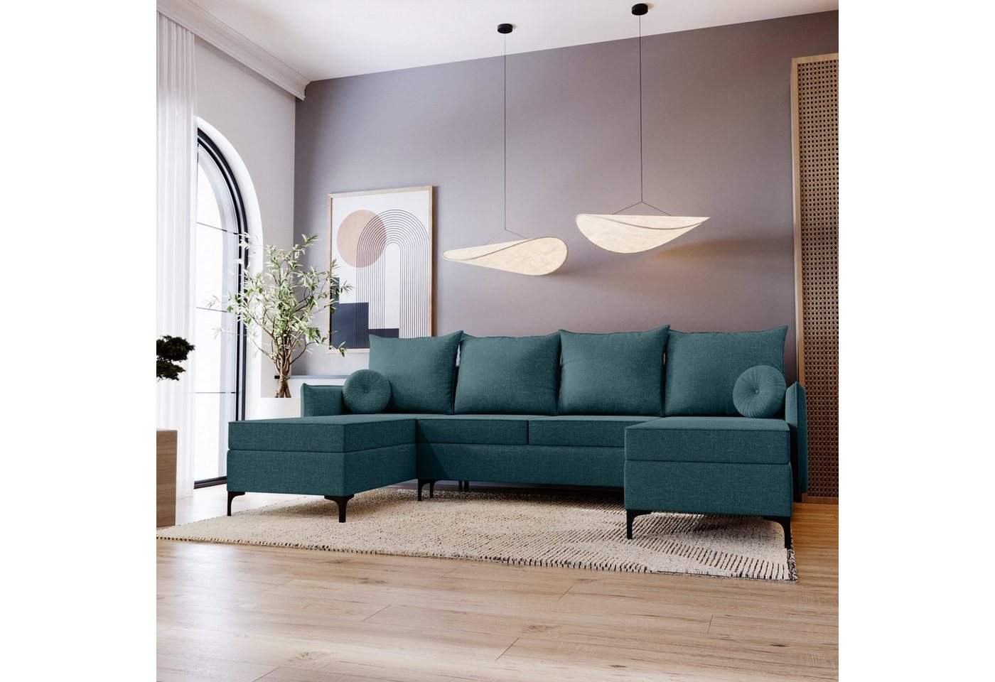 Stylefy Wohnlandschaft Savannah, U-Form, Couch, mit Bettfunktion und Bettkasten, Kissen inklusiv, Modern von Stylefy