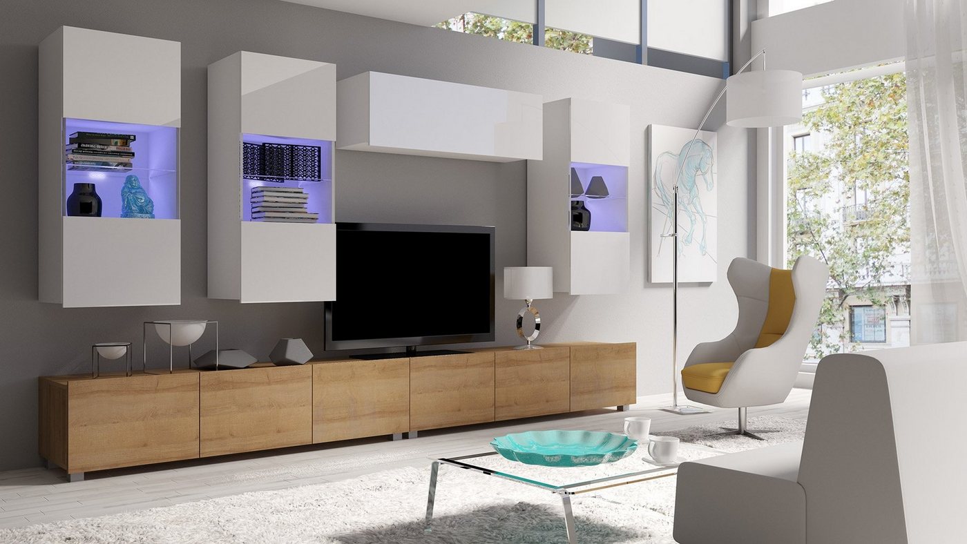 Stylefy Wohnwand Bietula, (Set (6-St), Wohnzimmer-Set), 6-teilig, wahlweise mit LED-Beleuchtung, Modern Design, variabel hängbar von Stylefy
