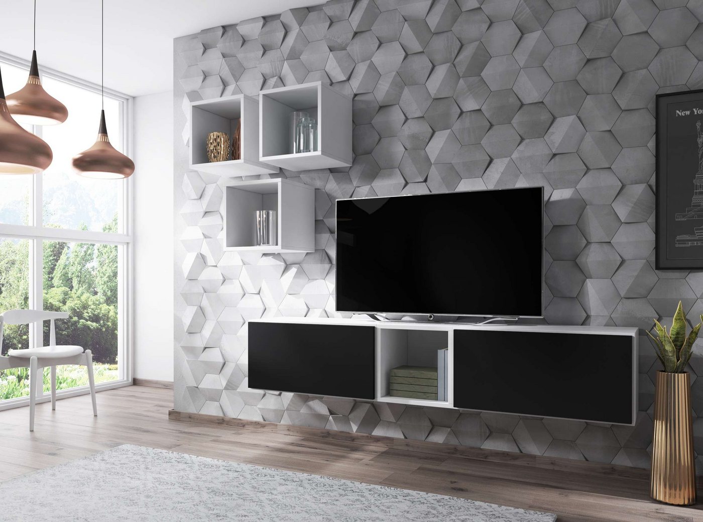 Stylefy Wohnwand Cono VIII, (Set (6-St), Wohnmöbel, Wohnzimmer-Set), bestehend aus 4xWandregal und 2xHängeschrank, mit Push-to-Open, Modern Design von Stylefy