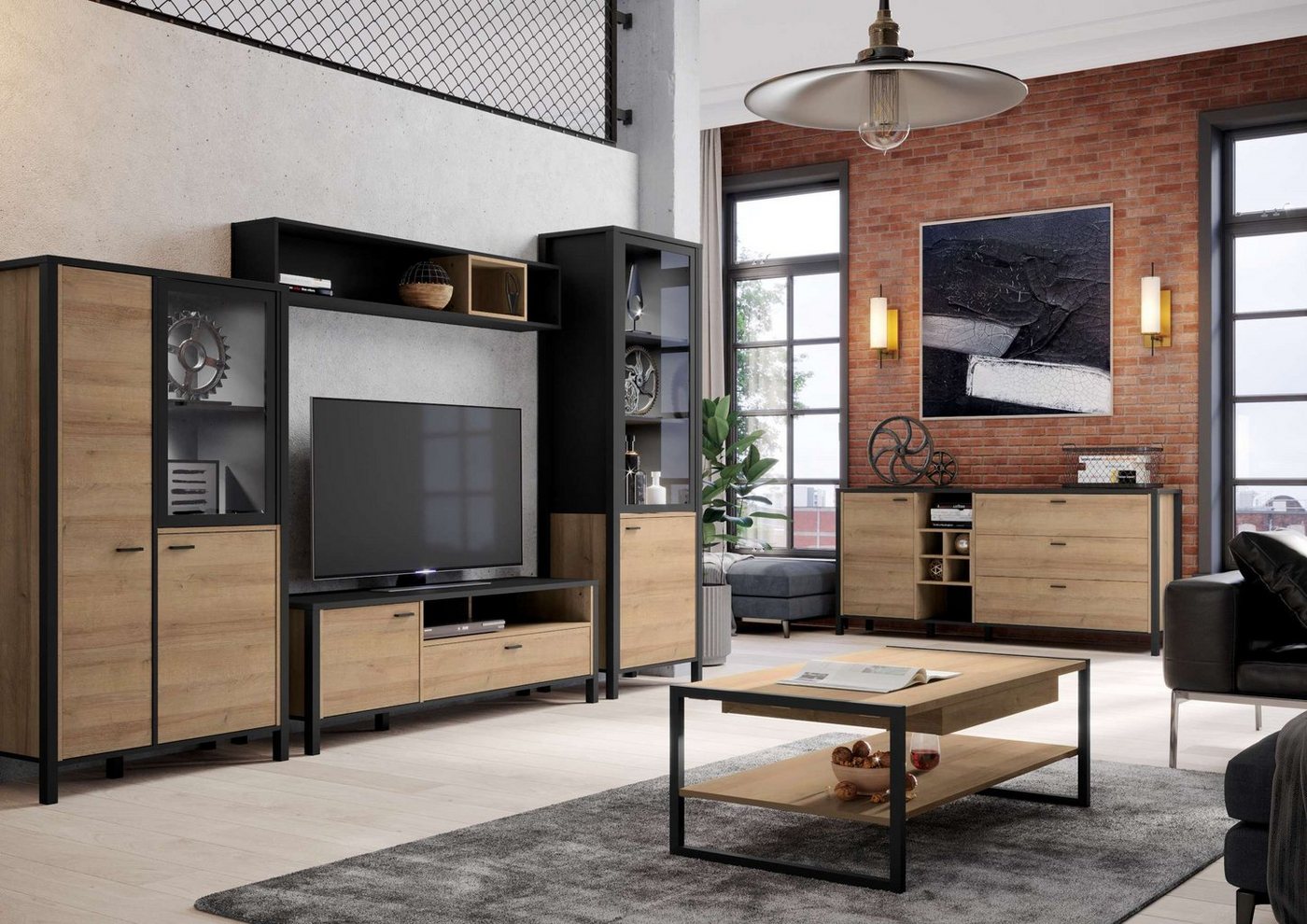 Stylefy Wohnwand Harryson, (Wohnmöbel, Wohnzimmer-Set (6×St), 2×Vitrine, 1×Wandregal, 1×TV-Lowboard, 1×Kommode, 1×Couchtisch von Stylefy