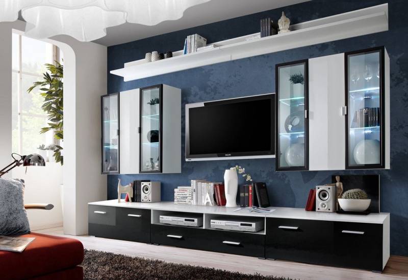 Stylefy Wohnwand ICALIND 190x300x45 cm, (Wohnmöbel, Wohnzimmer-Set, Set (7-St), bestehend aus 2xHängevitrine, 3xLowboard, 2xWandpaneel, mit Glaseinsatz, variabel hängbar und stellbar, Hochglanz von Stylefy
