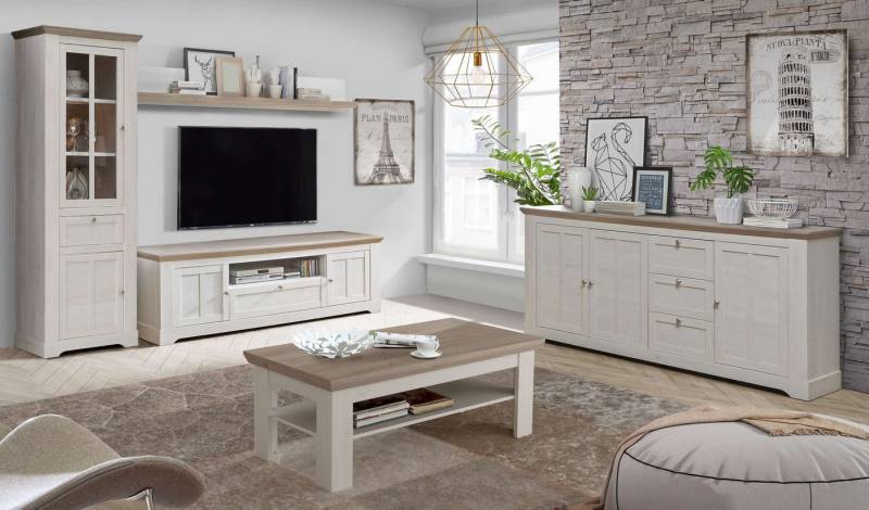 Stylefy Wohnwand Ilona, (Wohnmöbel, Wohnzimmer-Set (5×St), bestehend aus Vitrine, Wandregal, TV-Lowboard, Kommode, Couchtisch von Stylefy