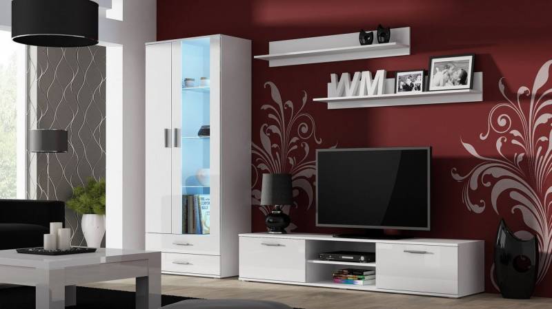 99rooms Wohnwand Saho VIII, (Set (4-St), Wohnmöbel, Wohnzimmer-Set), 2xWandboard, 1xLowboard und 1xStandvitrine, inkl. LED, Glaselemente von 99rooms