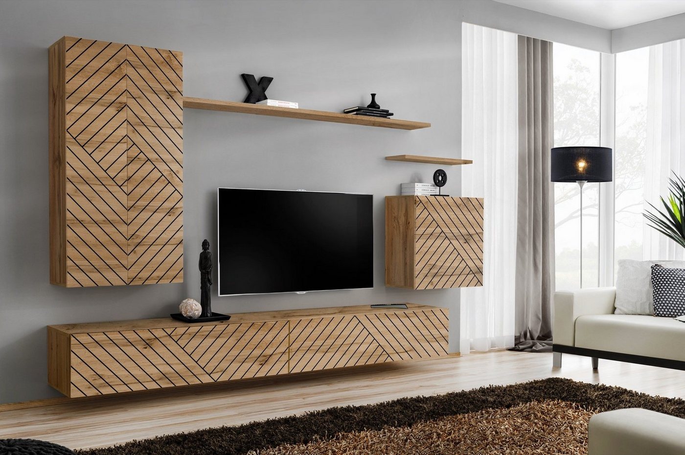 99rooms Wohnwand Swotch II L, (Set (7 St), Wohnzimmer-Set), bestehend aus 2×Lowboard, 2×Wandboard, 3×Wandschrank, hängend von 99rooms