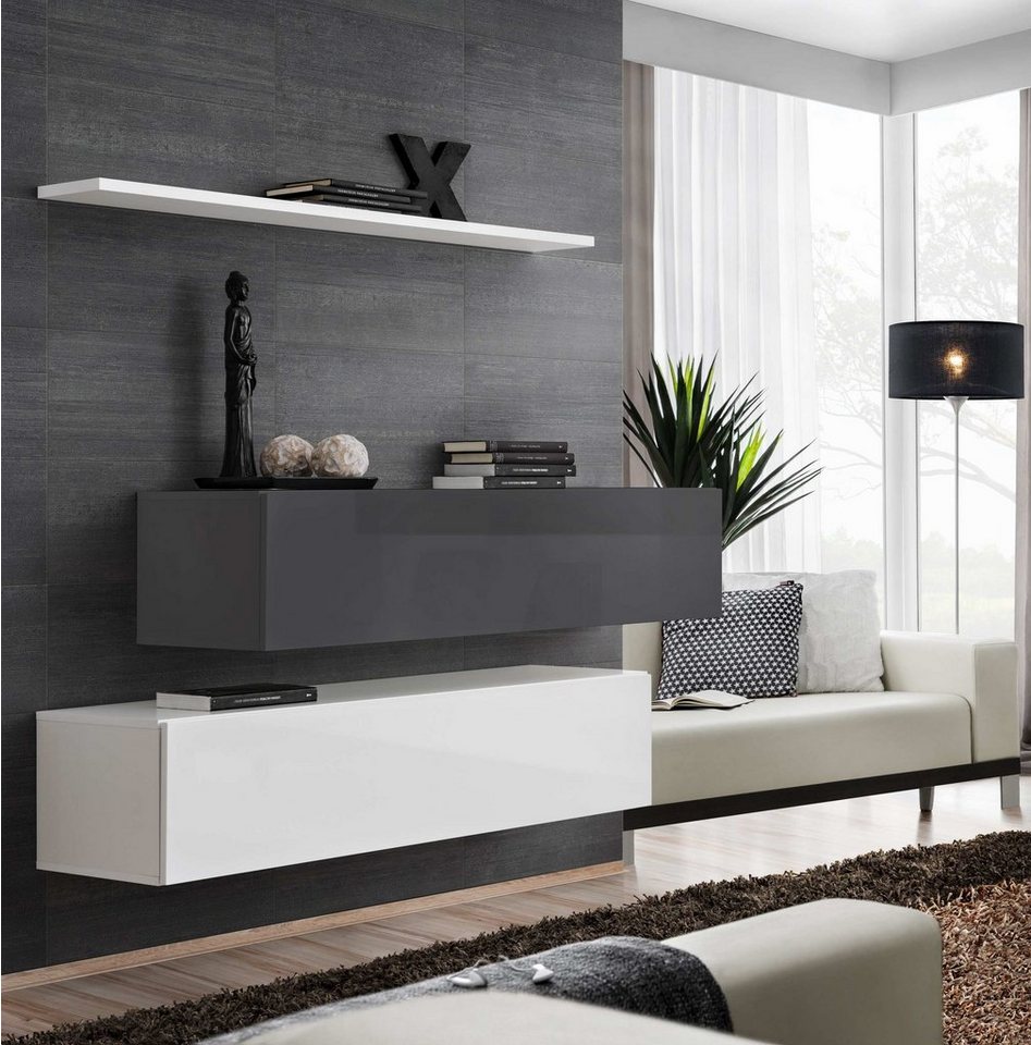 99rooms Wohnwand Swotch SB II 110x130x30 cm, (Wohnmöbel, Wohnzimmer-Set, Set (3-St), bestehend aus 2xLowboard, 1xWandboard, Hochglanzfronten, mit Push-to-Open, Modern von 99rooms
