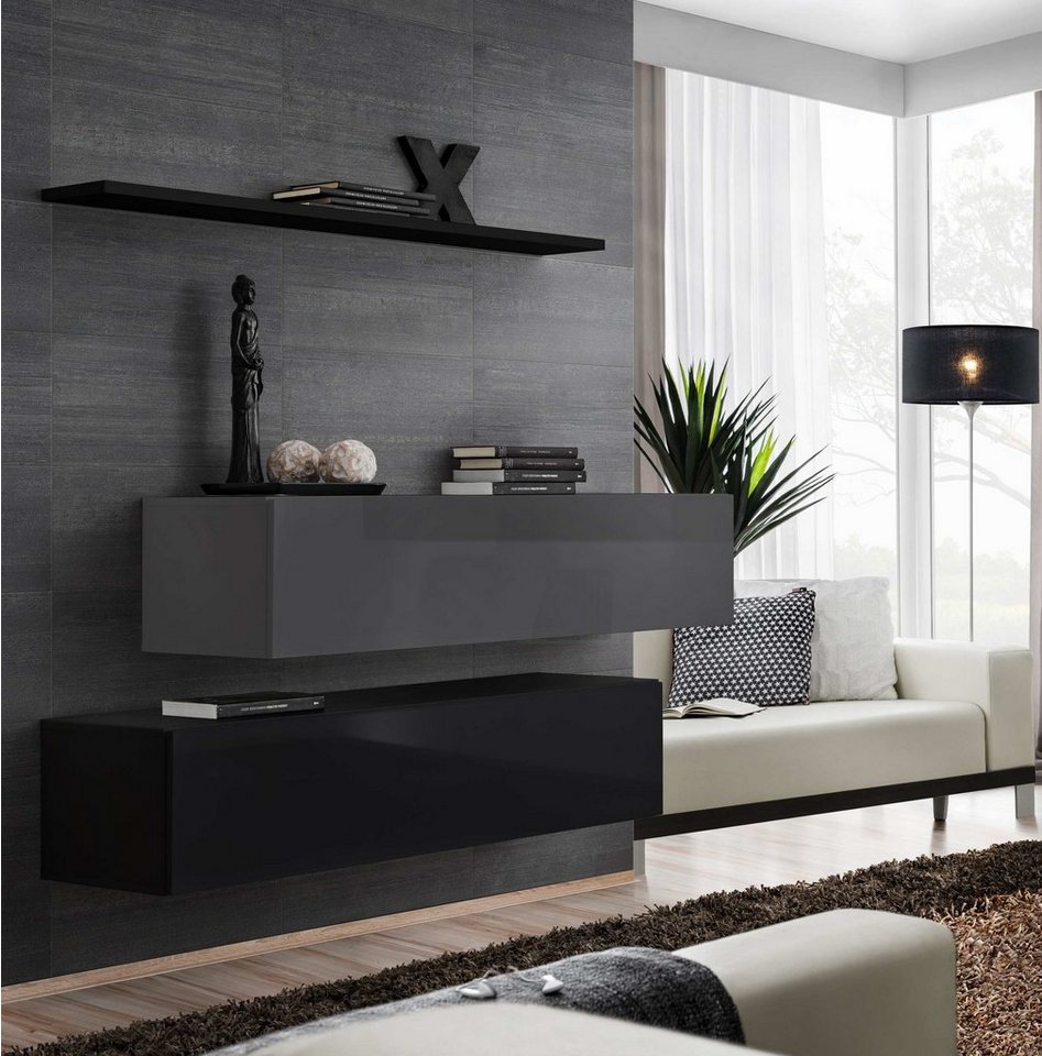 99rooms Wohnwand Swotch SB II 110x130x30 cm, (Wohnmöbel, Wohnzimmer-Set, Set (3-St), bestehend aus 2xLowboard, 1xWandboard, Hochglanzfronten, mit Push-to-Open, Modern von 99rooms