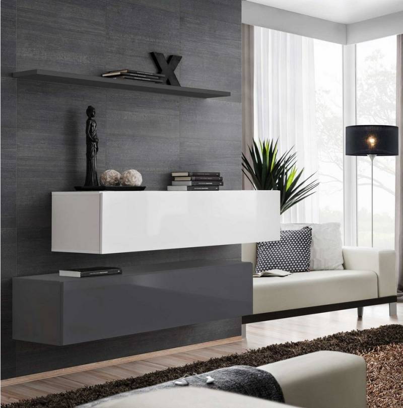 99rooms Wohnwand Swotch SB II 110x130x30 cm, (Wohnmöbel, Wohnzimmer-Set, Set (3-St), bestehend aus 2xLowboard, 1xWandboard, Hochglanzfronten, mit Push-to-Open, Modern von 99rooms