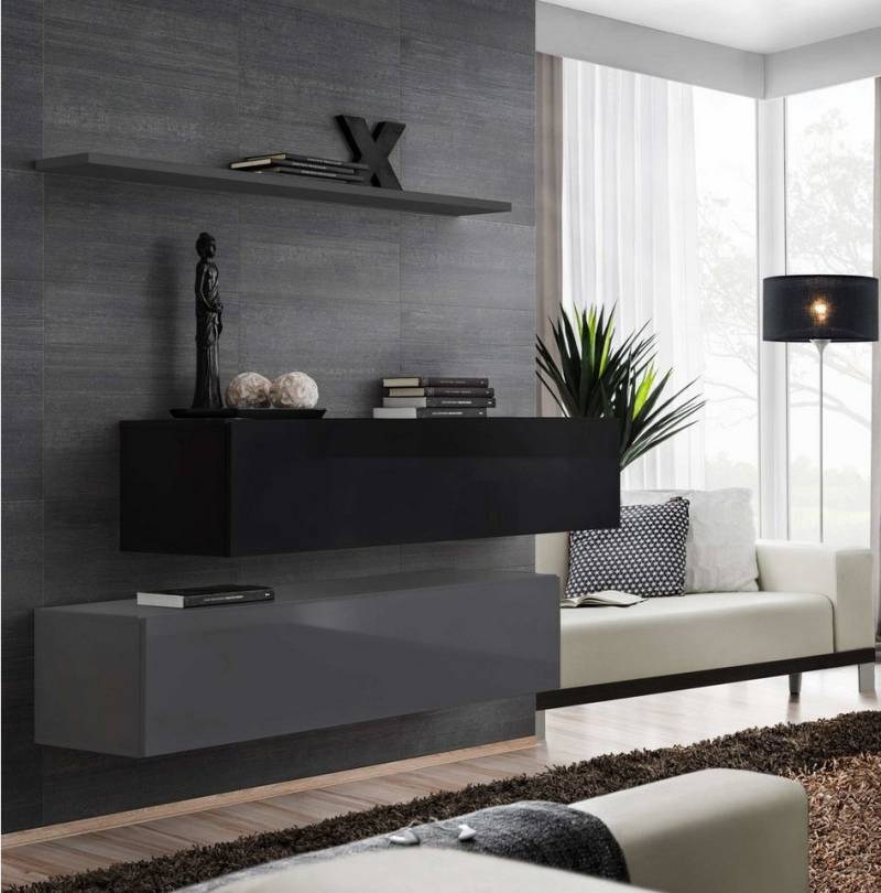 99rooms Wohnwand Swotch SB II 110x130x30 cm, (Wohnmöbel, Wohnzimmer-Set, Set (3-St), bestehend aus 2xLowboard, 1xWandboard, Hochglanzfronten, mit Push-to-Open, Modern von 99rooms