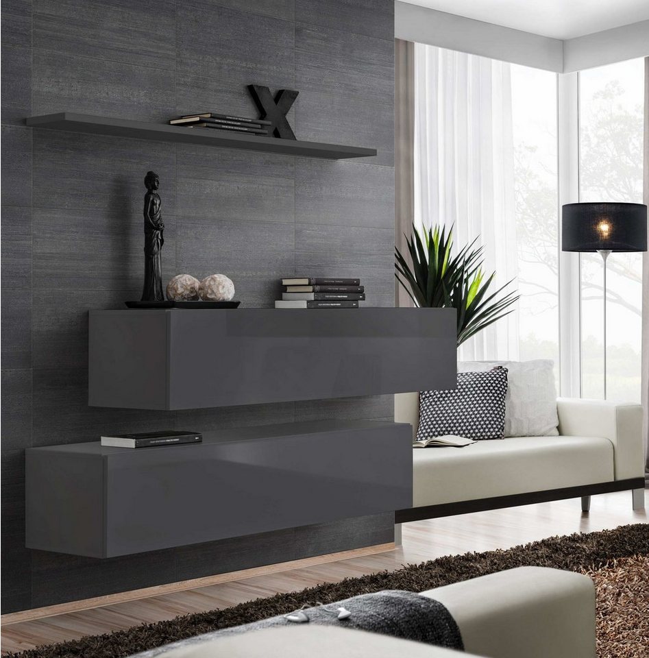 99rooms Wohnwand Swotch SB II 110x130x30 cm, (Wohnmöbel, Wohnzimmer-Set, Set (3-St), bestehend aus 2xLowboard, 1xWandboard, mit Push-to-Open von 99rooms