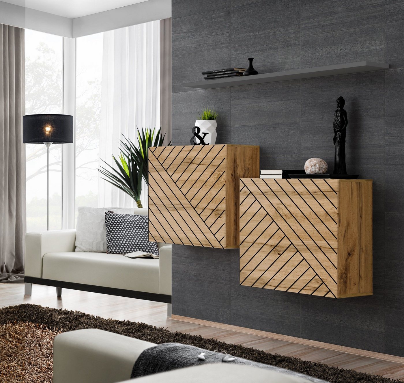 Stylefy Wohnwand Swotch SB1 L, (Set (3 St), Wohnzimmer-Set), bestehend aus 1×Wandboard, 2×Wandschrank, hängend, mit Push-to-Open von Stylefy