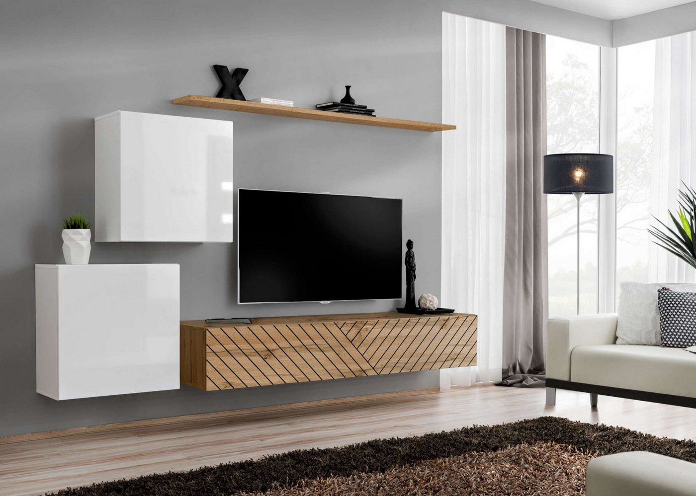 99rooms Wohnwand Swotch V L, (Set (4 St), Wohnzimmer-Set), bestehend aus 1×Lowboard, 2×Wandschrank, 1×Wandboard, hängend von 99rooms