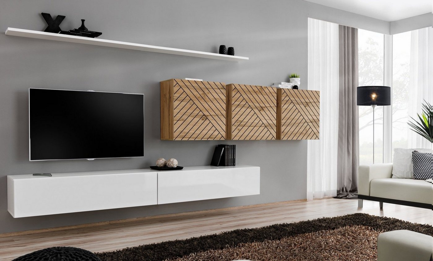 Stylefy Wohnwand Swotch VII L, (Set (7 St), Wohnzimmer-Set), bestehend aus 2×Lowboard, 3×Wandschrank, 2×Wandboard, mit Push-to-Open von Stylefy