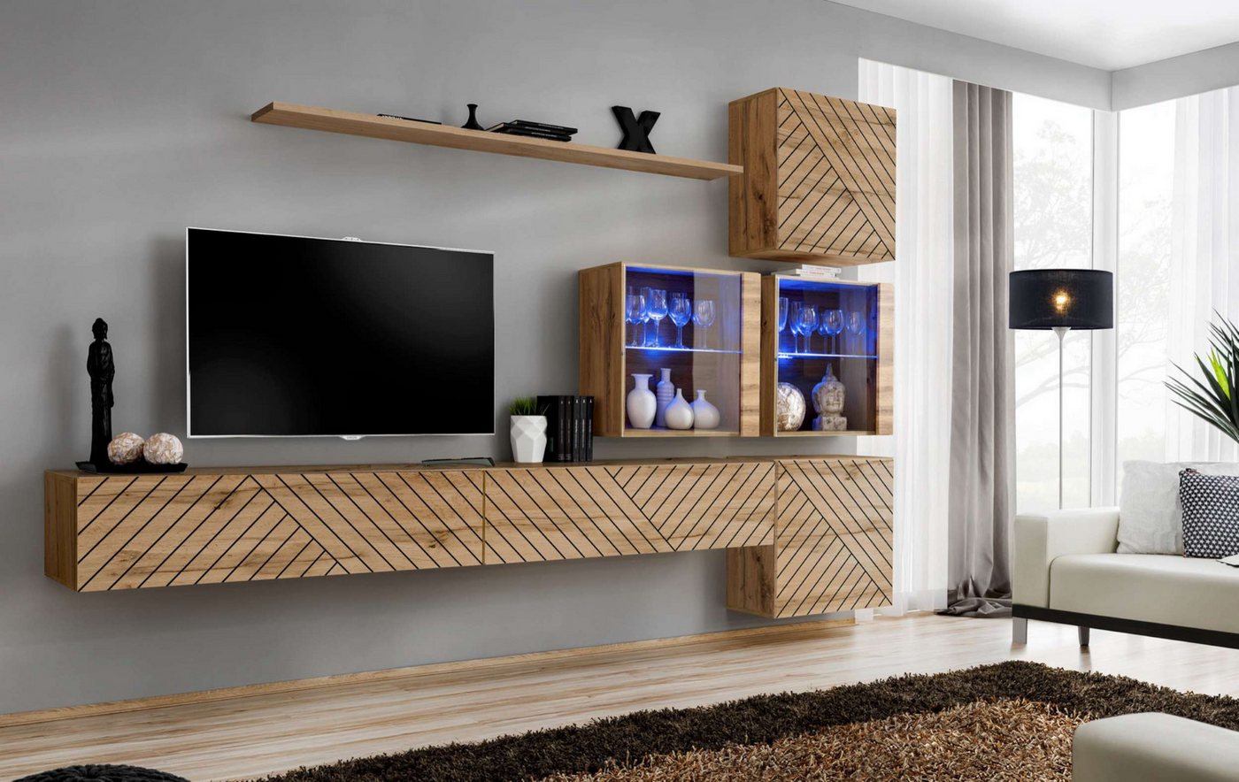 99rooms Wohnwand Swotch XIX L, (Set (7 St), Wohnzimmer-Set), bestehend aus 2×Lowboard, 4×Wandschrank, 1×Wandboard, hängend von 99rooms