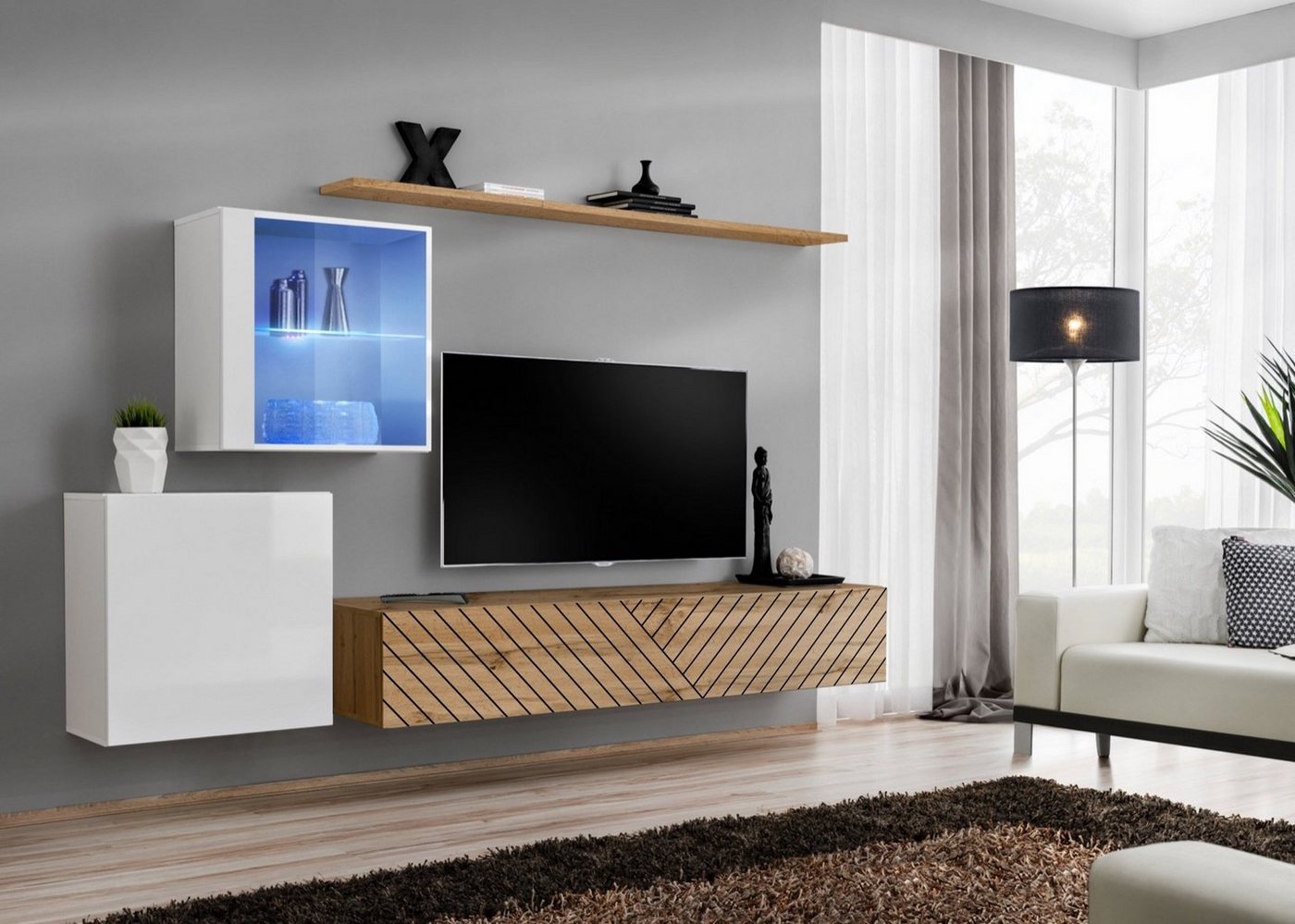 Stylefy Wohnwand Swotch XV L, (Set (4 St), Wohnzimmer-Set), bestehend aus 1×Lowboard, 2×Wandschrank, 1×Wandboard, hängend von Stylefy