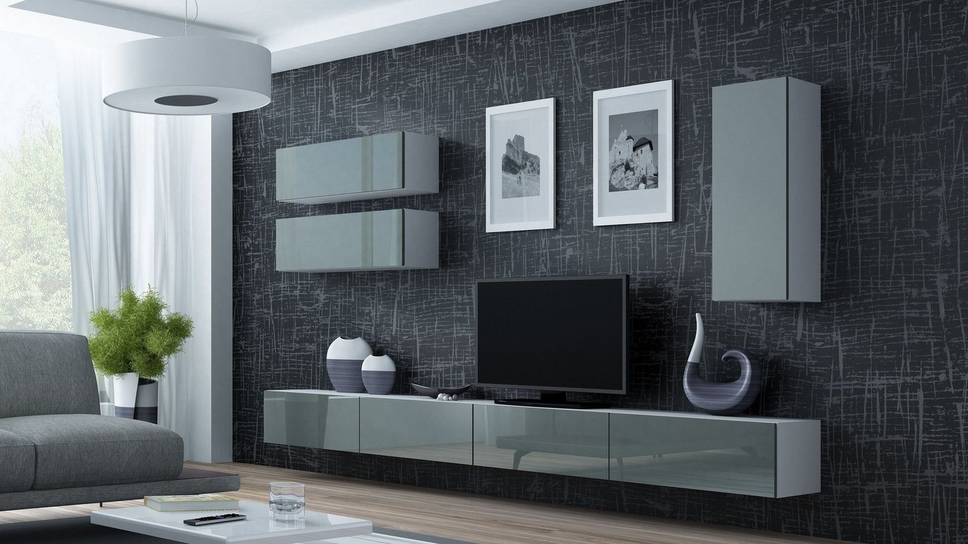 Stylefy Wohnwand Vago XIII, (Set (5-St), Wohnmöbel, Wohnzimmer-Set), bestehend aus 2xLowboard und 3xHängeschrank, Hochglanzfronten, mit Push-to-Open, Modern Design von Stylefy