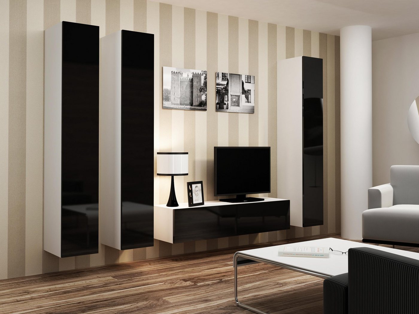 99rooms Wohnwand Vago XIV, (Set (4-St), Wohnmöbel, Wohnzimmer-Set), bestehend aus 1xLowboard und 3xHängeschrank, Hochglanzfronten, mit Push-to-Open, Modern Design von 99rooms