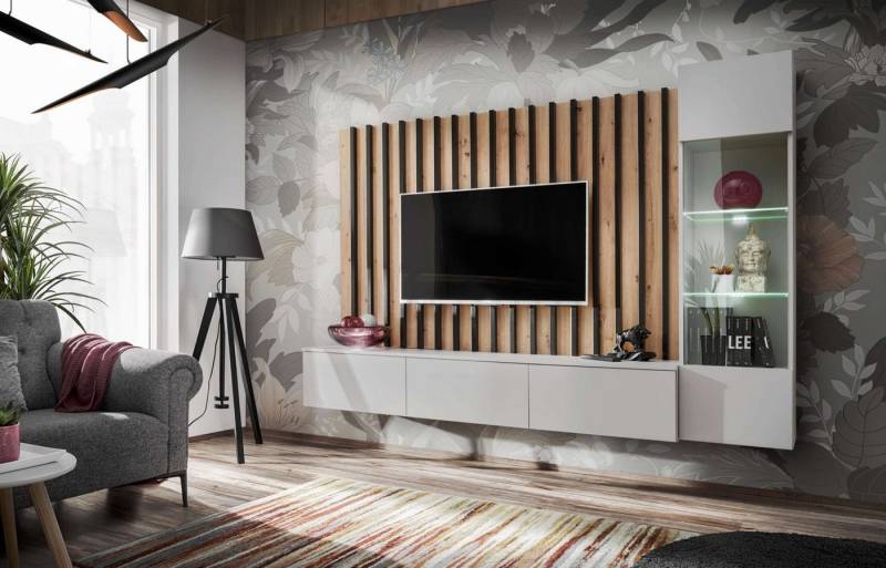99rooms Wohnwand Vitore, (Wohnzimmer-Set, Wohnmöbel), TV-Lowboard, Vitrine, Paneel mit Lamellen, hängend, LED-Beleuchtung von 99rooms