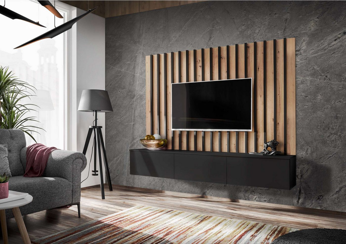 99rooms Wohnwand Vitore II, (Wohnzimmer-Set, Wohnmöbel), Wandpaneel mit furnierten Lamellen und TV-Lowboard, mit Push-to-Open von 99rooms
