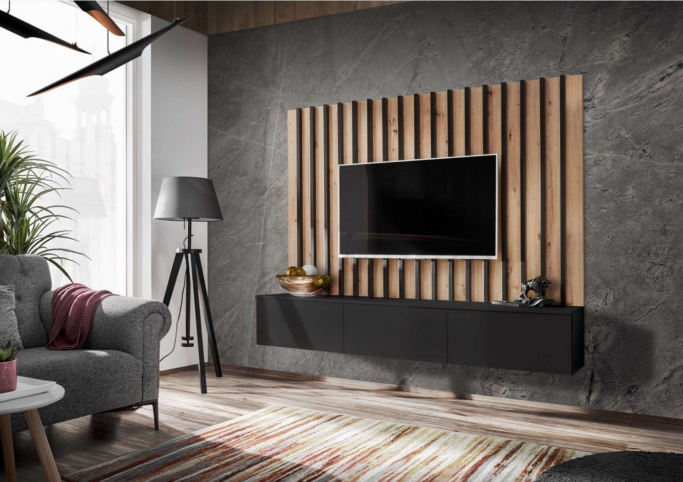 Stylefy Wohnwand Vitore II, (Wohnmöbel, Wohnzimmer-Set), Wandpaneel mit furnierten Lamellen und TV-Lowboard, mit Push-to-Open von Stylefy