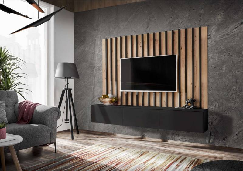 99rooms Wohnwand Vitore II, (Wohnzimmer-Set, Wohnmöbel), Wandpaneel mit furnierten Lamellen und TV-Lowboard, mit Push-to-Open von 99rooms