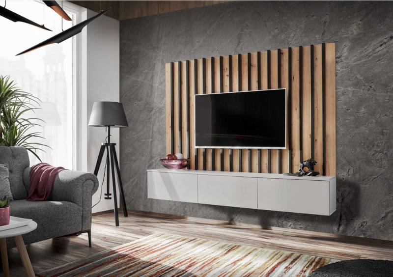 99rooms Wohnwand Vitore II, (Wohnzimmer-Set, Wohnmöbel), Wandpaneel mit furnierten Lamellen und TV-Lowboard, mit Push-to-Open von 99rooms