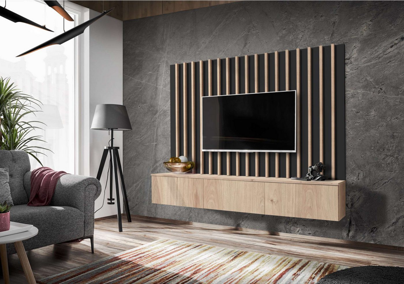 Stylefy Wohnwand Vitore II, (Wohnmöbel, Wohnzimmer-Set), Wandpaneel mit furnierten Lamellen und TV-Lowboard, mit Push-to-Open von Stylefy