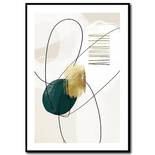 Bild mit Rahmen abstrakt Green Shape 1 | schwarzer Holzrahmen Optik | modern Kunst | farbig Linien und Formen fein | Wohnzimmer Schlafzimmer Arbeitszimmer Büro | schwarz grün gold | 50 x 70 cm von STYLER