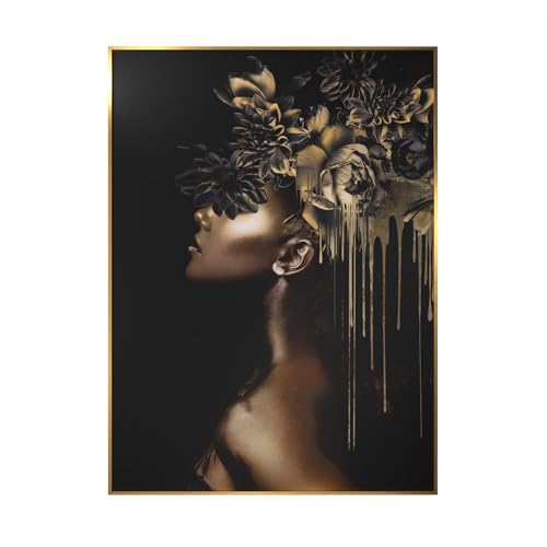 STYLER Gerahmtes Bild Yowita 50 x 70 cm I Frau mit Blumen auf dem Kopf Blumenkopf vintage schwarz gold I Wandbild Wohnzimmer Schlafzimmer Wanddeko I Bild mit goldenem Rahmen von STYLER