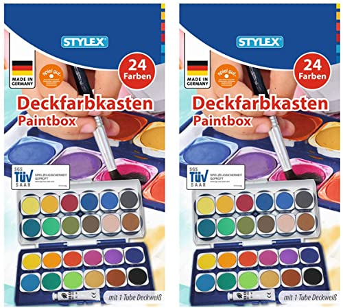 Stylex 28179 - Deckfarbkasten mit 24 Wassermalfarben und Einer Tube Deckweiß, Abnehmbarer Deckel mit 6 integrierten Feldern zum Mischen, ohne Pinsel (2) von Stylex