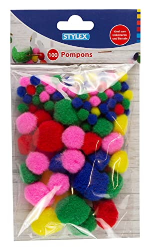 Stylex 46467 - Pompons, 100 flauschige Bällchen sortiert in verschiedenen Größen und Farben, ideal für farbenfrohe Bastelarbeiten von Stylex